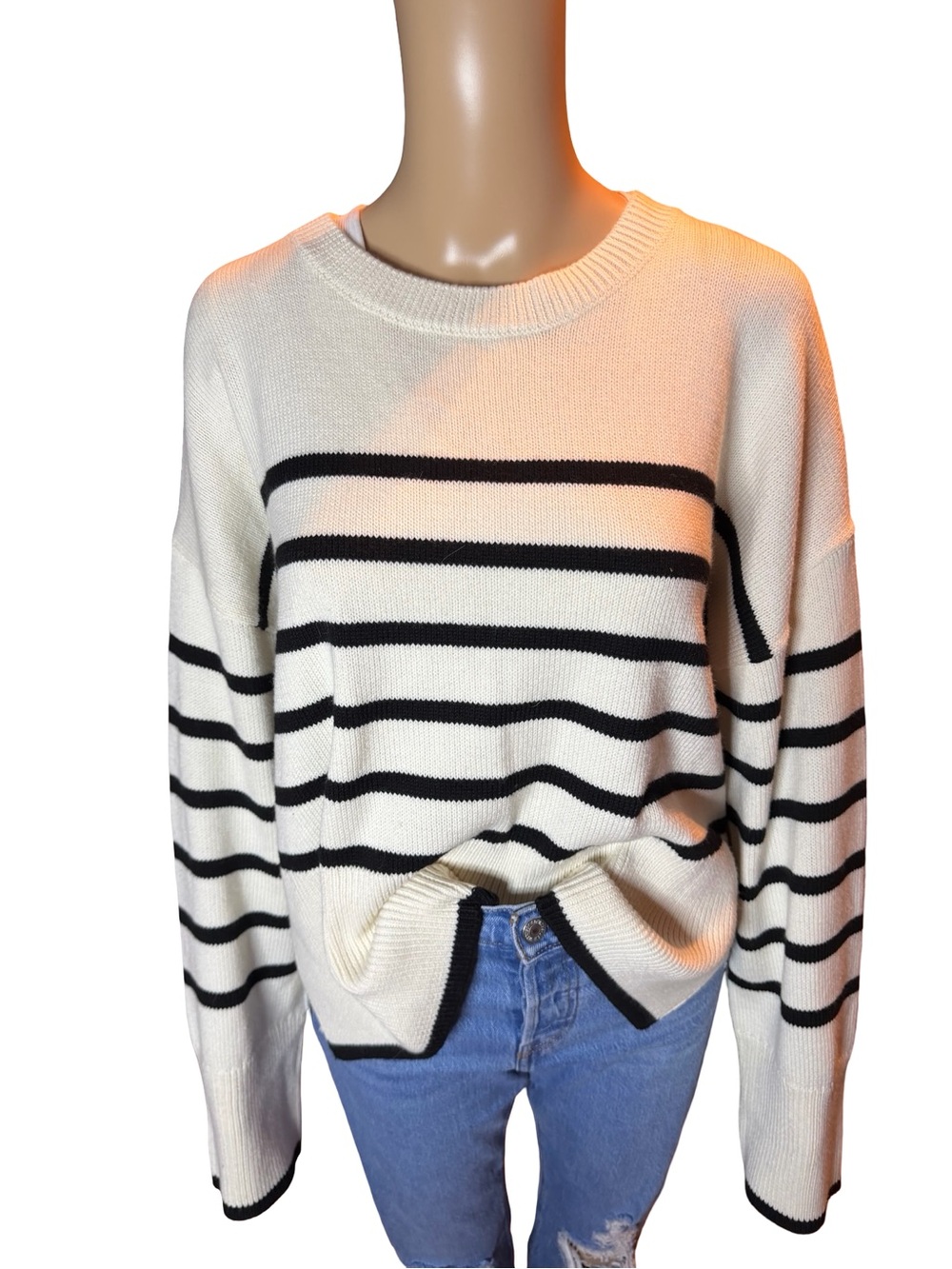 Sincerely Jules Cream and Black Striped Crewneck Sweater